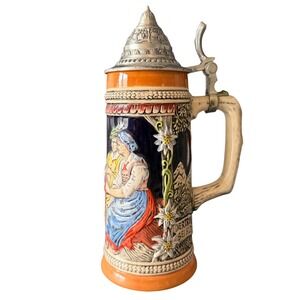 Gerz Germany Beer Stein‎ Edelweiss Floral Tavern Scene Pewter Lid Vintage
